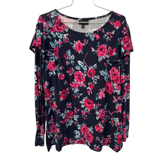 Lane Bryant Blouse Plus Size 14/16 Floral Long Sleeve Top Ruffle Navy Pink Boho - Picture 1 of 7